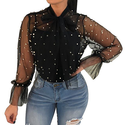 

Women's Shirt Solid Colored Beaded Long Sleeve Going out Tops White Black