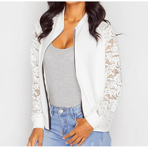 

Women's Jacket Daily Spring Regular Coat Sporty Jacket Long Sleeve Solid Colored Lace White Black / Cotton