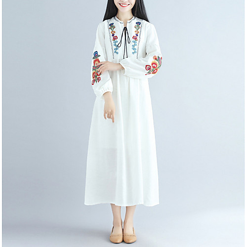 

Women's Loose Maxi long Dress White Black Navy Blue Long Sleeve White Floral Print Spring Summer Round Neck Loose One-Size