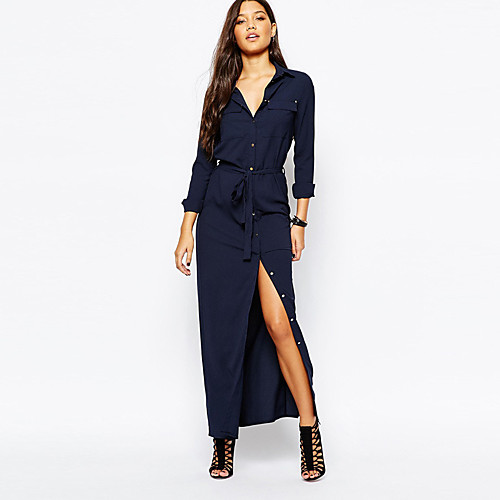 

Women's Shirt Dress Maxi long Dress Navy Blue Long Sleeve Solid Colored Split Spring V Neck Split S M L XL XXL / Sexy