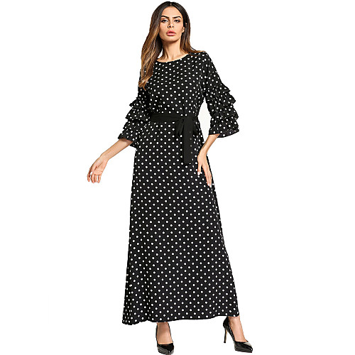 

Women's Loose Maxi long Dress Black Long Sleeve Floral Polka Dot Pleated Ruffle Fall Spring Round Neck Boho Ruffle M L XL XXL