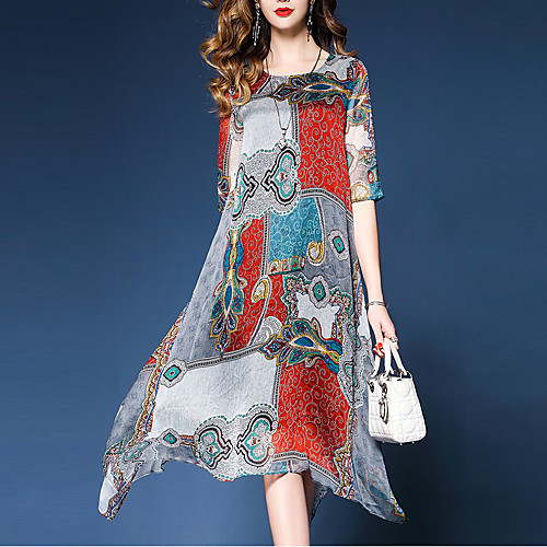 

Women's Loose Midi Dress Rainbow Half Sleeve Geometric Print Spring Summer Round Neck Sophisticated Going out Loose M L XL XXL