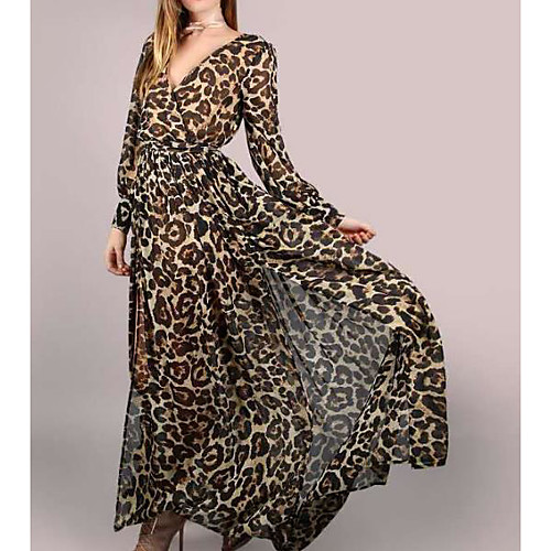 

Women's Sheath Dress Maxi long Dress Khaki Long Sleeve Leopard Spring V Neck Basic Party Cotton Leopard S M L XL