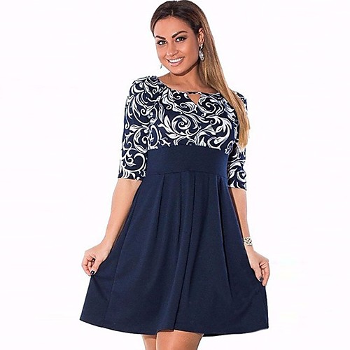

Women's Loose Short Mini Dress Navy Blue 3/4 Length Sleeve Floral Spring Summer Round Neck Basic L XL XXL 3XL 4XL 5XL 6XL / Cotton / Plus Size / Plus Size / Cotton