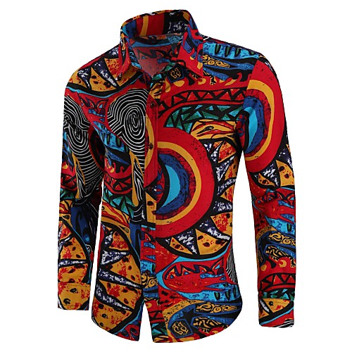 

Men's Shirt Tribal Plus Size Print Long Sleeve Going out Tops Vintage Boho Spread Collar Red
