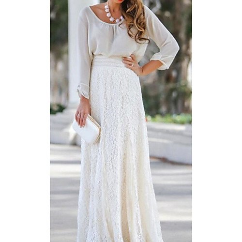 

Women's Daily Going out Plus Size Swing Skirts Solid Colored Lace Embroidered High Waist White Beige / Maxi