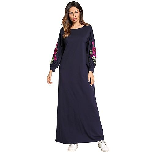 

Women's Loose Maxi long Dress Navy Blue Long Sleeve Floral Ruffle Fall Spring Round Neck Boho M L XL XXL