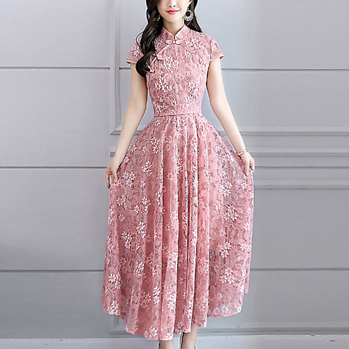 

Women's Sheath Dress Maxi long Dress Blushing Pink Gray Black Brown Short Sleeve Dusty Rose Solid Colored Lace Summer Stand Collar Slim Lace M L XL XXL 3XL / Plus Size / Plus Size