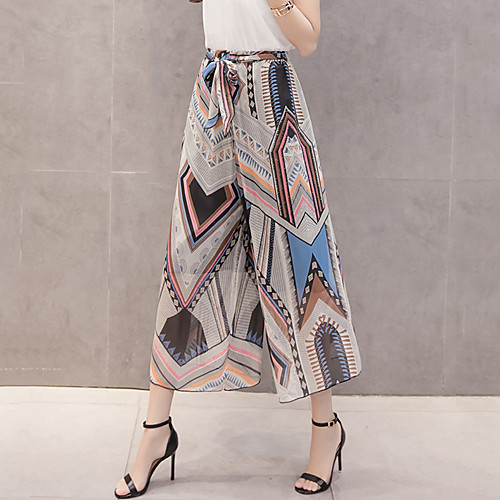 

Women's Boho Holiday Beach Loose Wide Leg Pants - Floral Geometric Bow Print White Black Blue S / M / L