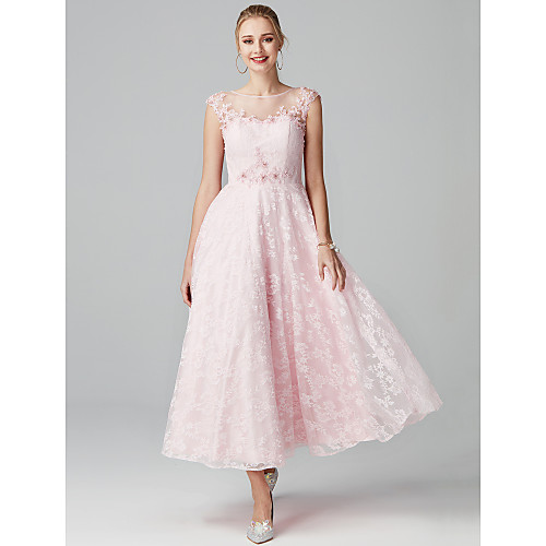

A-Line Floral Cocktail Party Prom Dress Illusion Neck Short Sleeve Ankle Length Lace with Appliques 2021
