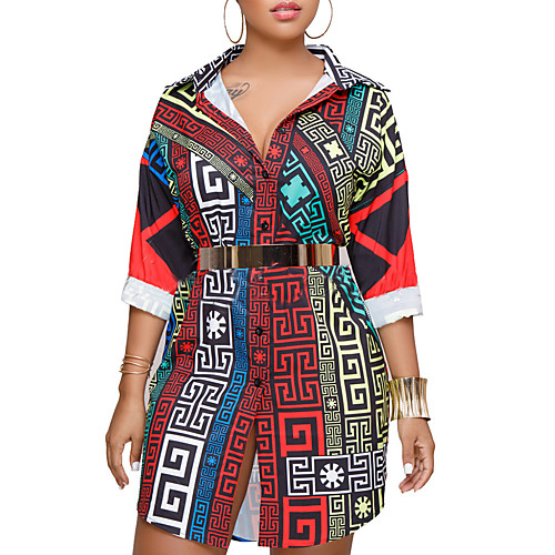 

Women's Shirt Dress Short Mini Dress Rainbow Half Sleeve Geometric Fall Spring Shirt Collar Basic Holiday Club Belt Not Included Slim S M L XL XXL 3XL / Plus Size / Plus Size / Sexy