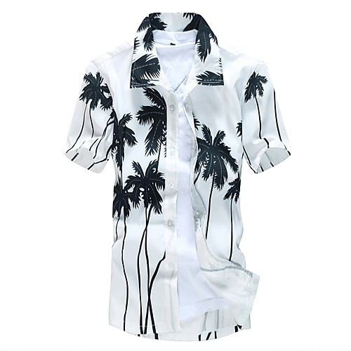 

Men's Shirt Trees / Leaves Plus Size Print Short Sleeve Beach Slim Tops Spread Collar Yellow White / Summer
