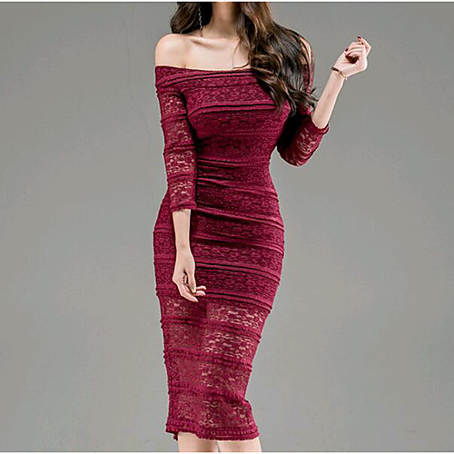 

Women's Bodycon Knee Length Dress Wine 3/4 Length Sleeve Solid Colored Lace Spring Round Neck Casual Puff Sleeve Slim Off Shoulder S M L XL / Cotton / Sexy / Cotton