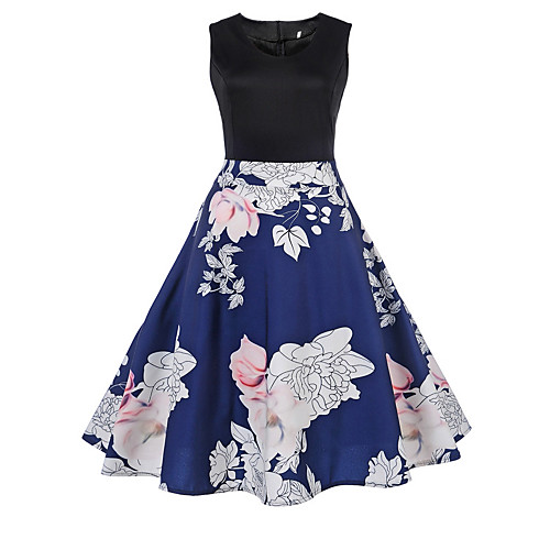 

Women's Sheath Dress Midi Dress Blue Sleeveless Geometric Print Spring Summer Round Neck Vintage Slim S M L XL XXL