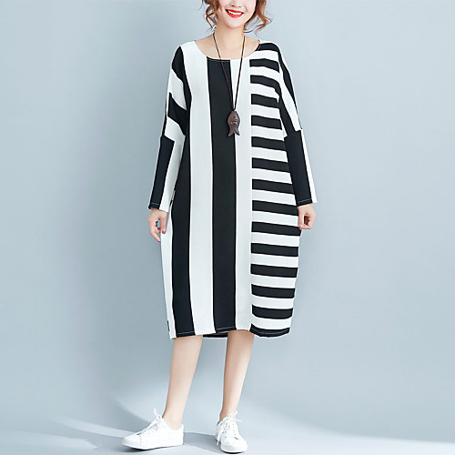 

Women's Loose Knee Length Dress Black Long Sleeve Striped Color Block Spring Round Neck Basic Batwing Sleeve Oversized L XL / Cotton / Cotton