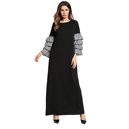 

Women's Loose Maxi long Dress Black Long Sleeve Black Striped Ruffle Fall Spring Round Neck Basic Boho Ruffle M L XL XXL