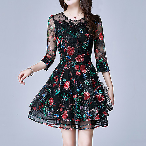 

Women's Sheath Dress Short Mini Dress Black 3/4 Length Sleeve Floral Embroidered Spring Summer Round Neck Sophisticated Holiday Belt Not Included Slim M L XL XXL 3XL 4XL / Plus Size / Plus Size
