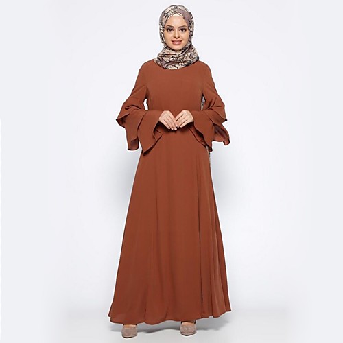 

Women's Chiffon Dress Maxi long Dress Fuchsia Camel Black Long Sleeve Solid Colored Basic Spring Summer Round Neck Holiday M L XL