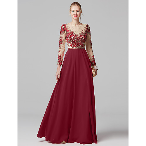 

A-Line Embroidery Elegant & Luxurious Elegant Prom Formal Evening Dress Illusion Neck Long Sleeve Floor Length Chiffon Tulle with Beading Embroidery 2020 / Illusion Sleeve / See Through