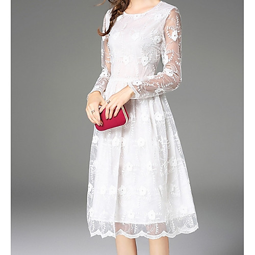

Women's Skater Knee Length Dress White Long Sleeve Solid Colored Lace Spring Summer Round Neck Sophisticated Going out Flare Cuff Sleeve Slim M L XL XXL / High Waist