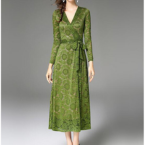 

Women's Sheath Dress Midi Dress Green Long Sleeve Solid Colored Cut Out Spring Summer V Neck Streetwear Party Holiday Slim Lace M L XL XXL / High Waist