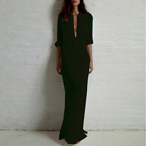 

Women's Shirt Dress Maxi long Dress White Black Wine Long Sleeve Solid Colored Basic Spring Stand Collar Cotton M L XL XXL 3XL