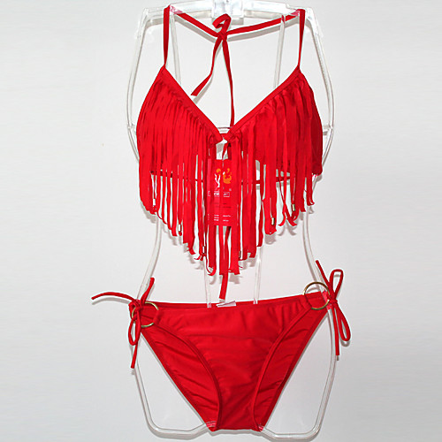 

Women's Bikini Swimsuit Tassel Fringe Blue Purple Fuchsia White Black Swimwear Halter Neck Bathing Suits / Sexy