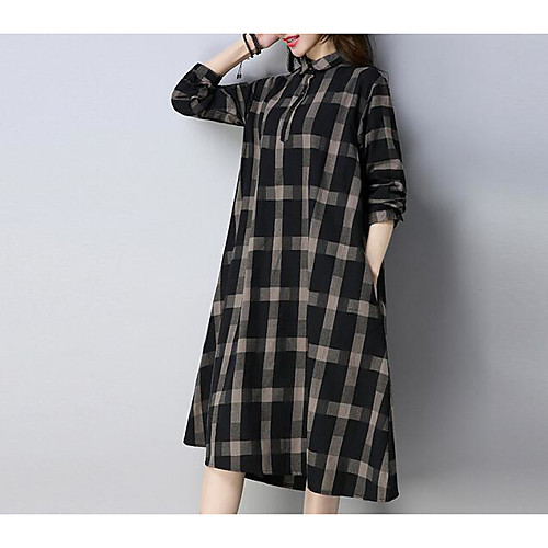 

Women's Loose Knee Length Dress Black Half Sleeve Solid Colored Pleated Spring Round Neck Flare Cuff Sleeve M L XL XXL / Cotton / Cotton