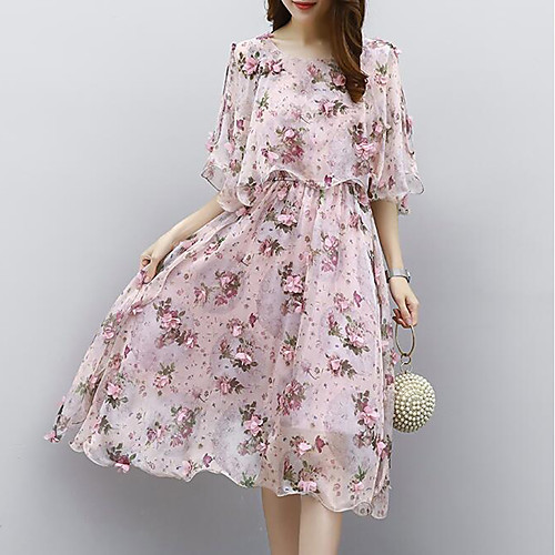 

Women's Chiffon Dress Knee Length Dress Blushing Pink Short Sleeve Floral Print Summer Round Neck Holiday S M L XL XXL 3XL 4XL