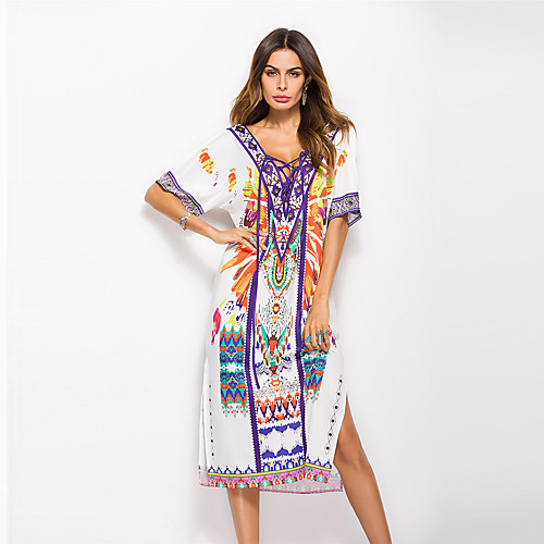 

Women's Loose Maxi long Dress White Long Sleeve White Floral Pleated Spring Round Neck Loose Boho Bohemia Beach One-Size / Cotton / Sexy / Cotton