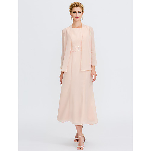 

Sheath / Column Mother of the Bride Dress Elegant Two Piece Jewel Neck Tea Length Chiffon Sleeveless with Sash / Ribbon Pleats Beading 2021
