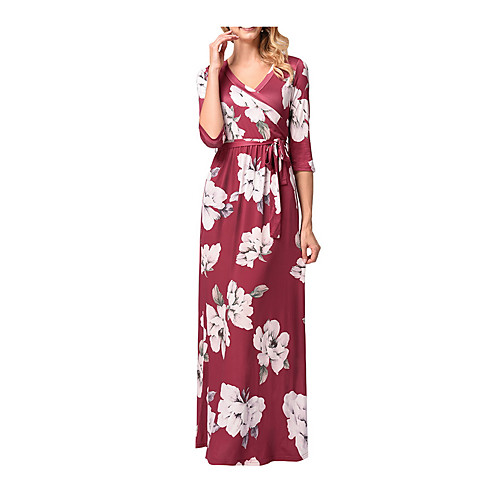 

Women's Swing Dress Maxi long Dress Blue Red 3/4 Length Sleeve Floral Print Summer Deep V Boho Loose S M L XL XXL / Cotton / High Waist / Cotton