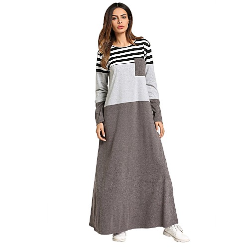 

Women's A Line Dress Maxi long Dress Gray Long Sleeve Striped Fall Spring Round Neck Basic Boho M L XL XXL