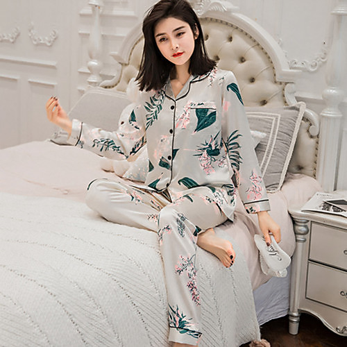 

Women's Suits Pajamas Sets Print Plants Silk Casual Shirt Pant Square Neck Daily Daily Wear Long Sleeve Without Lining