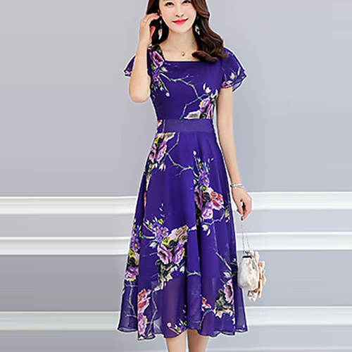 

Women's Sheath Dress Midi Dress Blue Purple Lavender Black Red Short Sleeve Floral Print Summer Square Neck Sophisticated Boho Going out Slim M L XL XXL 3XL 4XL / Plus Size / Plus Size