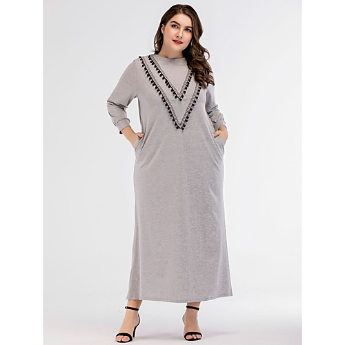 

Women's Shift Dress Maxi long Dress Gray Long Sleeve Solid Colored Tassel Fringe Fall Spring Round Neck Basic Boho Going out Loose M L XL XXL 3XL 4XL / Cotton / Plus Size / Plus Size / Cotton