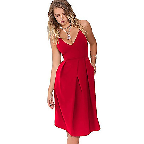 

Women's Strap Dress Knee Length Dress Blue Wine Black Red Sleeveless Solid Colored Pleated Summer Off Shoulder Streetwear Sophisticated Going out Slim XS S M L XL XXL / Cotton / Sexy / Cotton