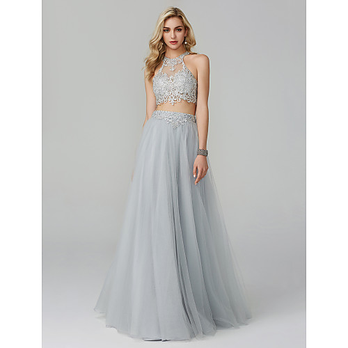 

Two Piece Empire Prom Formal Evening Dress Halter Neck Sleeveless Floor Length Lace Tulle with Appliques 2021