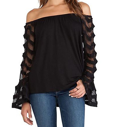 

Women's T shirt Color Block Mesh Long Sleeve Daily Tops Streetwear Boho Black Blue