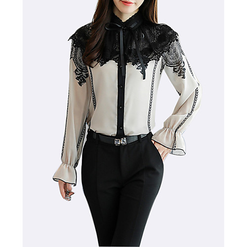 

Women's Blouse Color Block Lace Long Sleeve Daily Tops Basic White