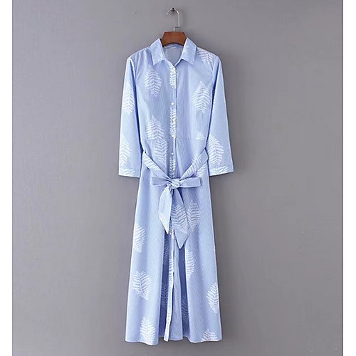 

Women's Sheath Dress Maxi long Dress Blue 3/4 Length Sleeve Striped Summer Shirt Collar Streetwear Slim S M L
