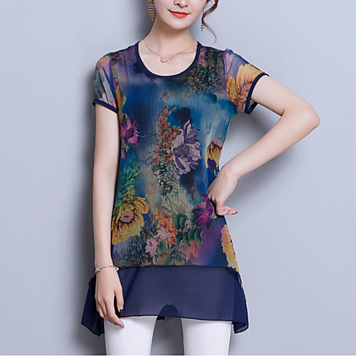 

Women's Blouse Floral Plus Size Patchwork Print Short Sleeve Going out Tops Basic Streetwear Blue Wine