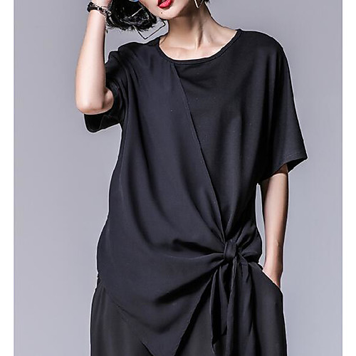 

Women's T shirt Solid Colored Pleated Short Sleeve Sports Tops Cotton Black