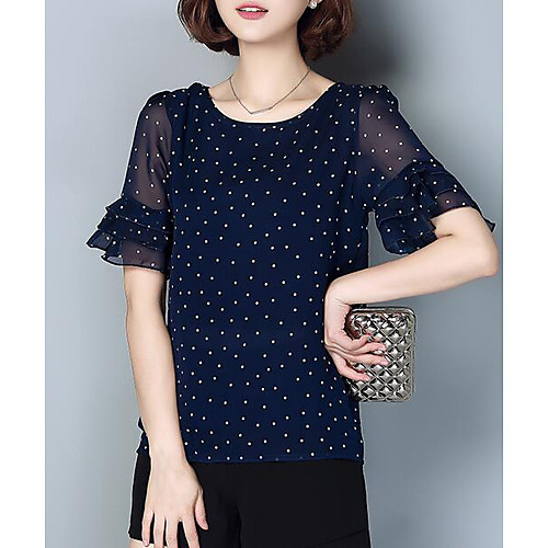 

Women's Blouse Polka Dot Plus Size Chiffon Print Short Sleeve Going out Tops Vintage White Blushing Pink Navy Blue