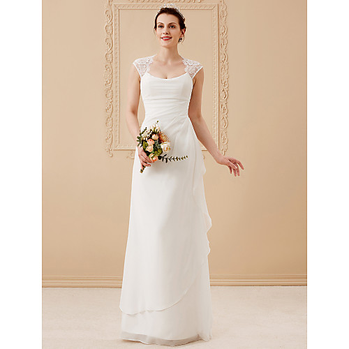 

Sheath / Column Wedding Dresses Square Neck Floor Length Chiffon Lace Cap Sleeve Simple Illusion Detail with Lace Side-Draped 2021