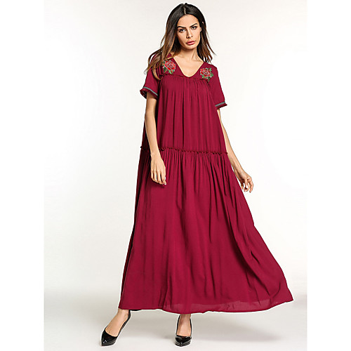 

Women's Sheath Dress Maxi long Dress Wine Short Sleeve Solid Colored Embroidered Spring Summer V Neck Basic Boho Party Loose M L XL XXL / Cotton / Cotton