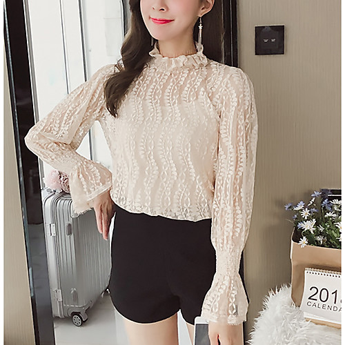 

Women's Blouse Solid Colored Long Sleeve Holiday Tops Basic White Black Beige