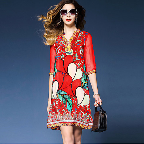 

Women's Loose Short Mini Dress Red Half Sleeve Red Floral Print Spring Summer V Neck Streetwear Sophisticated Holiday Belt Not Included Loose M L XL XXL