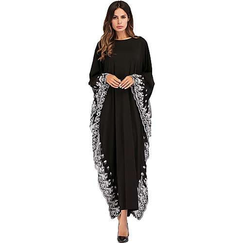 

Women's Sheath Dress Maxi long Dress Black Long Sleeve Solid Colored Embroidered Spring Summer Round Neck Basic Boho Party Batwing Sleeve Loose One-Size