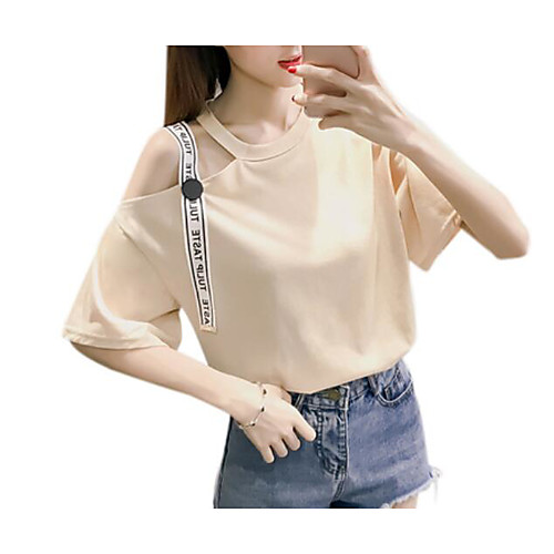 

Women's T shirt Letter Print Short Sleeve Daily Tops Basic White Beige Light Blue